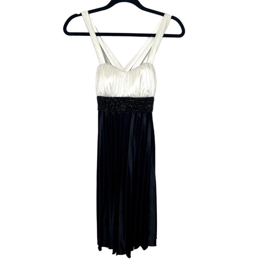 Women's My Michelle Black White Mini‎ Dress Pleated Cross Strapped Formal XS